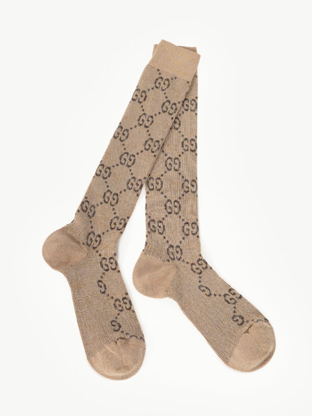 Gucci Beige & Dark Brown Lame GG Monogram Mid-Calf Socks